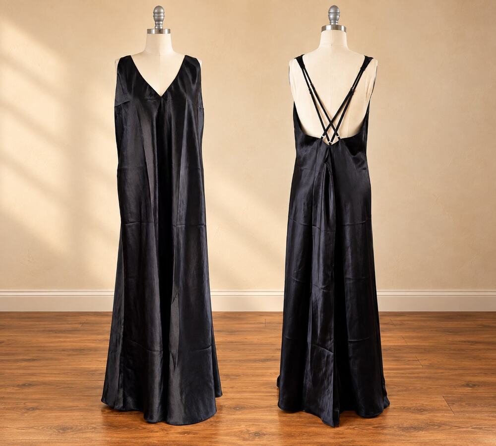 Y2K Frederick's of Hollywood Black Satin Slip Maxi Dress 1X Strappy Back